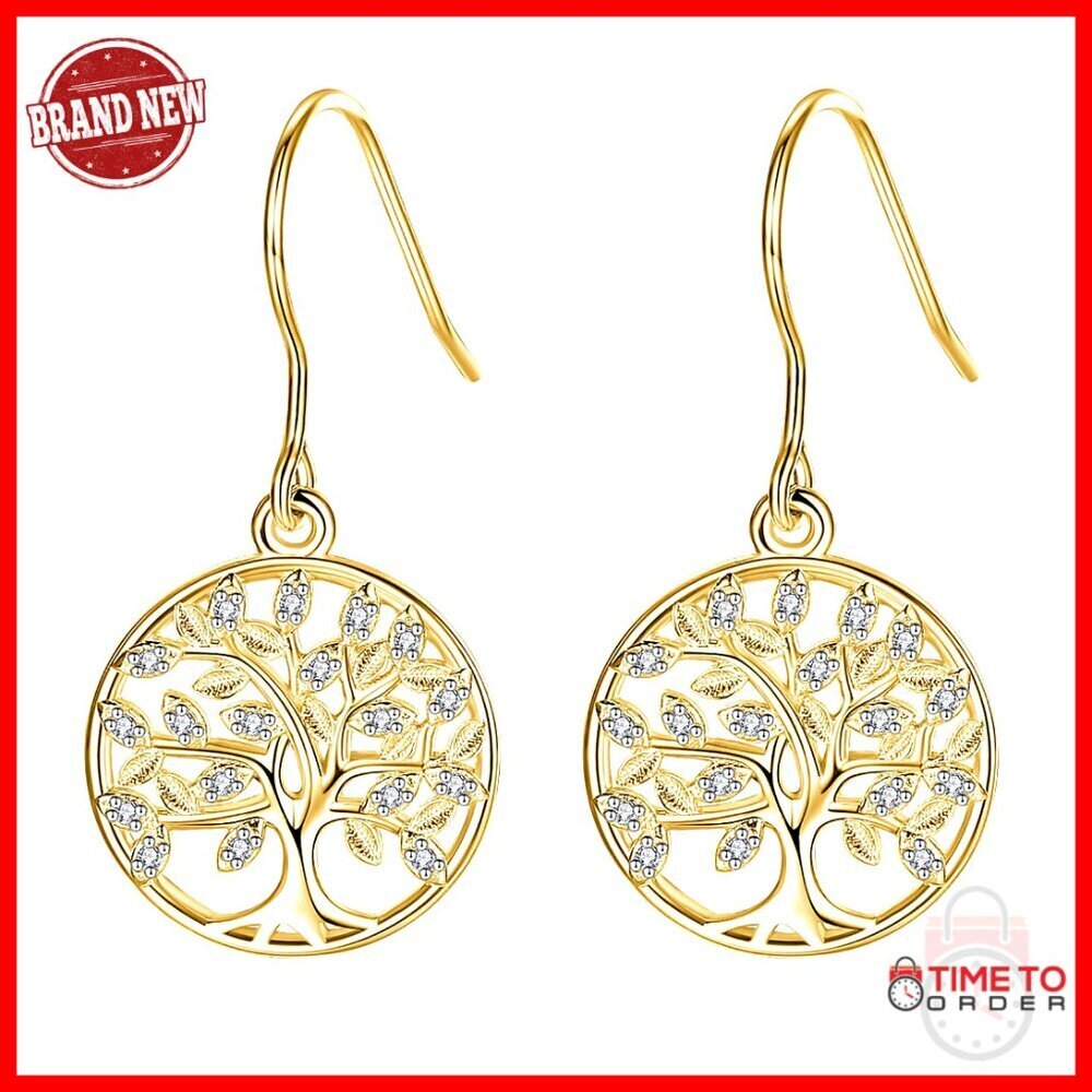 925 Sterling Silver Tree of Life Dangle Earrings with Cubic Zirconia